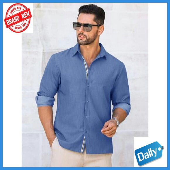 Men's Long Sleeve Button Down Shirt Wrinkle Free Business Casual Denim - Picture 3 of 8